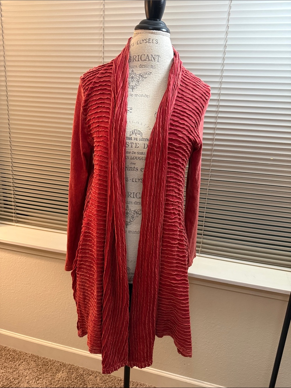 Open-Front Ribbed Cardigan in Deep Coral Red